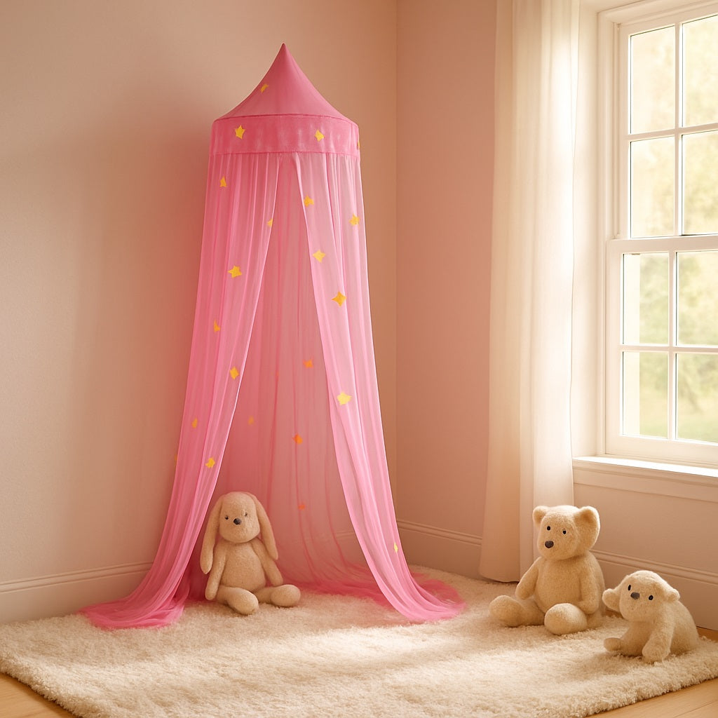 ciel de lit princesse moustiquaire rose étoilée