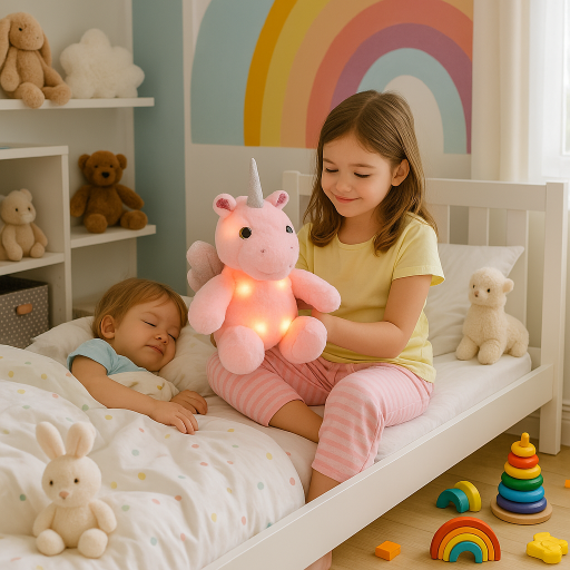 complicite avec la peluche licorne rose