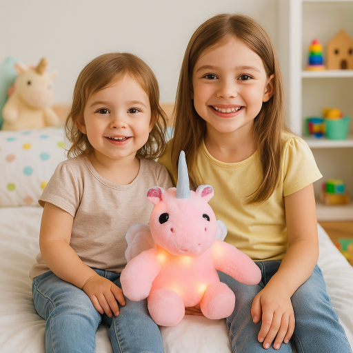 deux enfants et leur peluche licorne rose