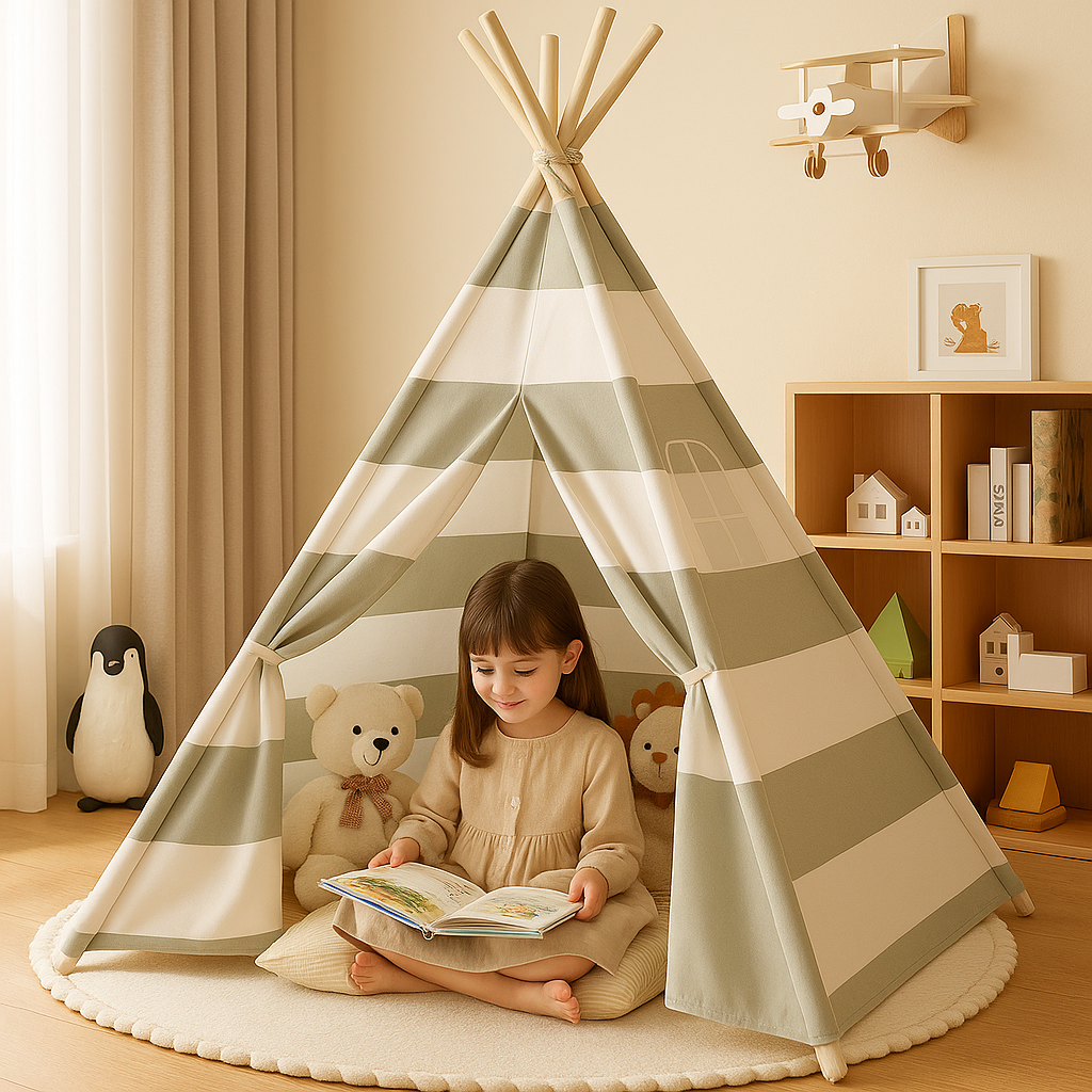 enfant assis dans tipi enfant gris blanc