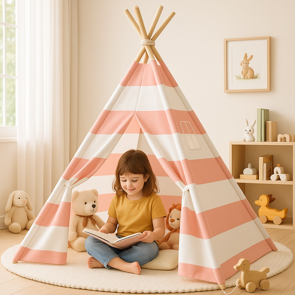 enfant assis dans tipi enfant rose blanc