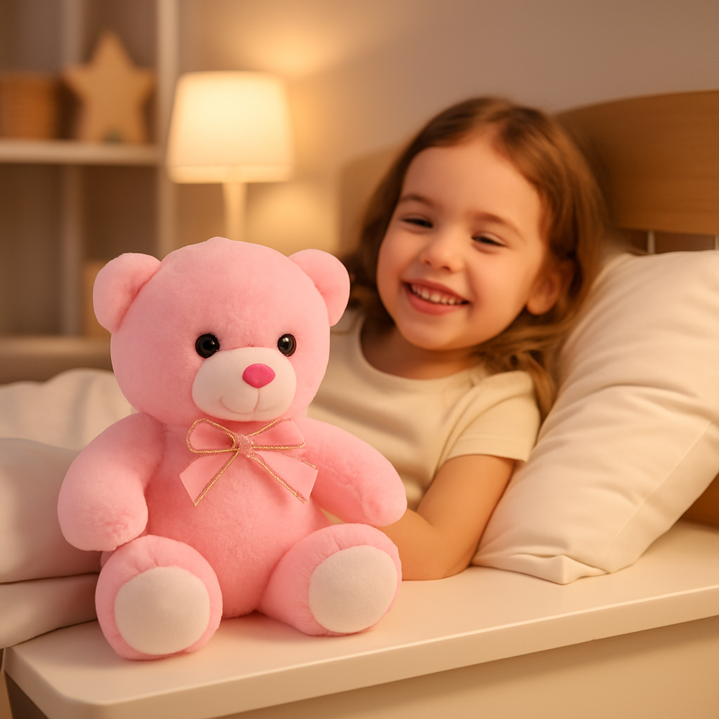 enfant avec ours peluche ourson lumineux muebearplush rose