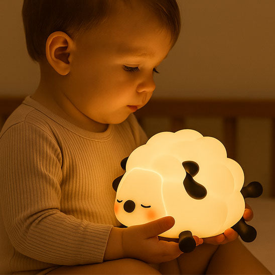enfant avec veilleuse mouton muelamp
