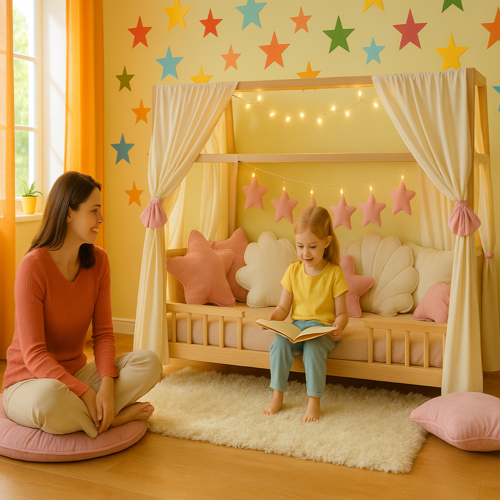 enfant dans ciel de lit lit cabane beige