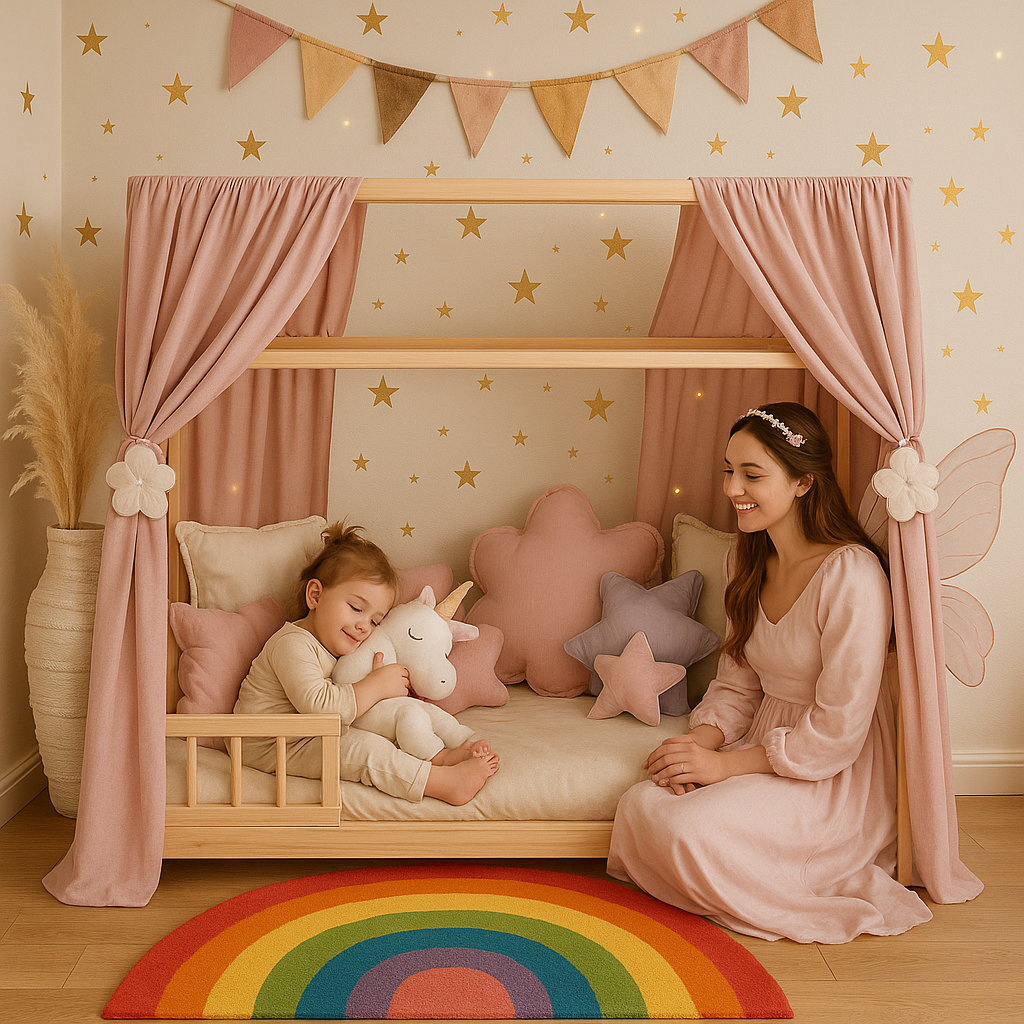 enfant sous ciel de lit mon lit cabane Rose dragée