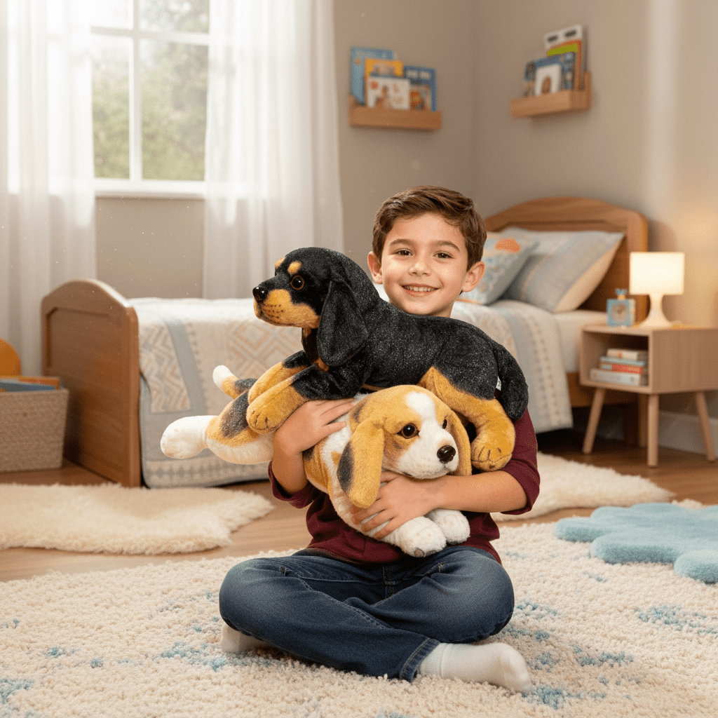 peluche chiot réaliste noir doudou chien tout doux pour enfant puppydolldans Chambre enfant cosy