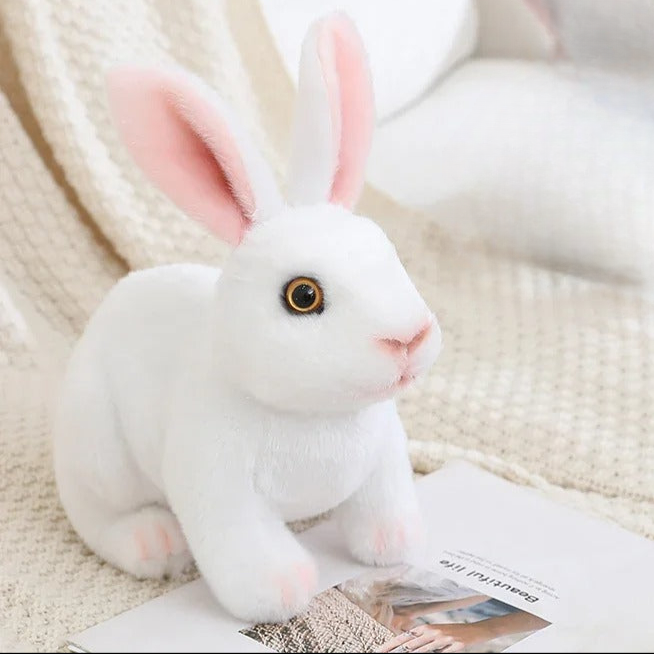peluche lapin réaliste blanc assis oreilles droites RabbitPlush 20 30cm