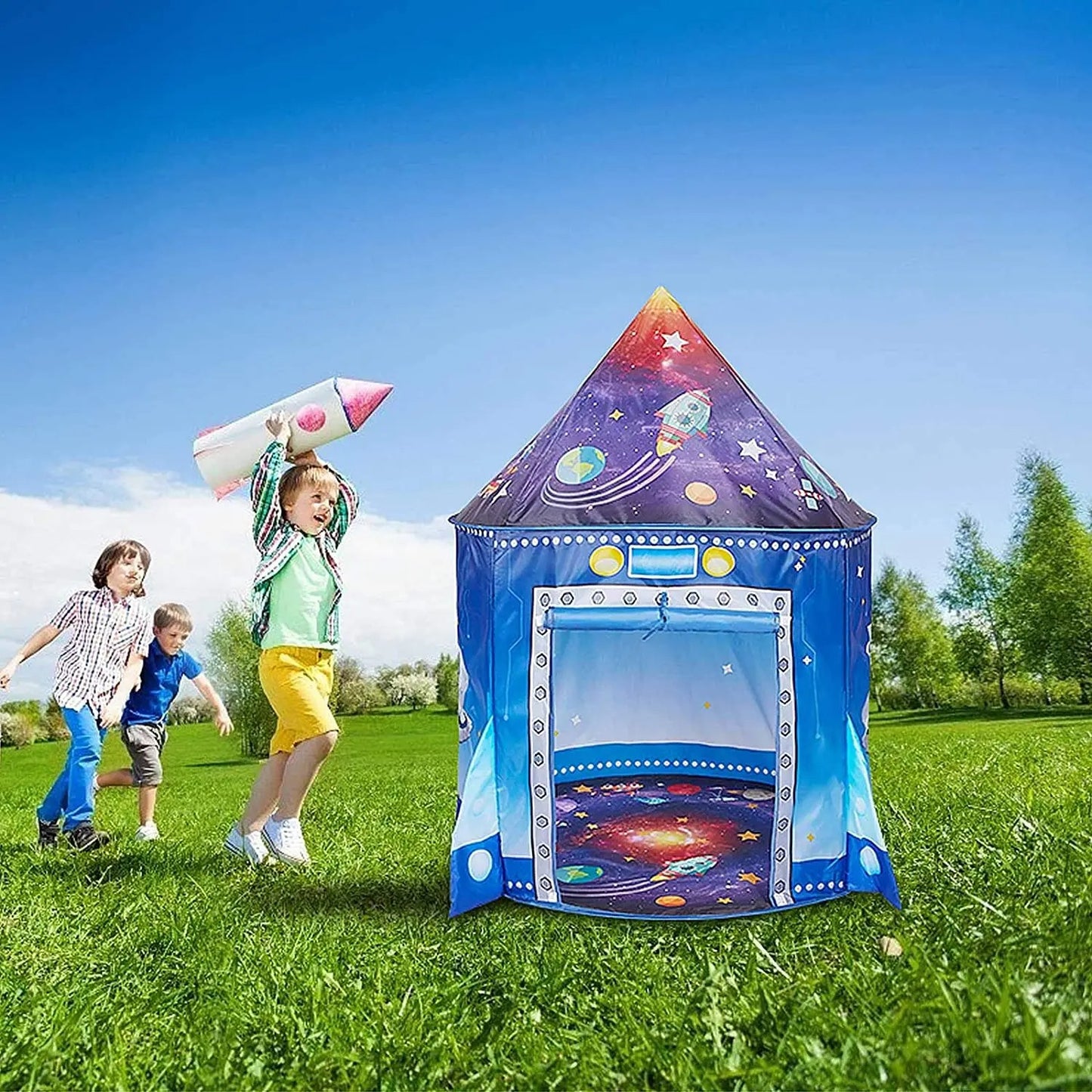 tente enfant bleu PlayTent fusée spatiale jeu au parc