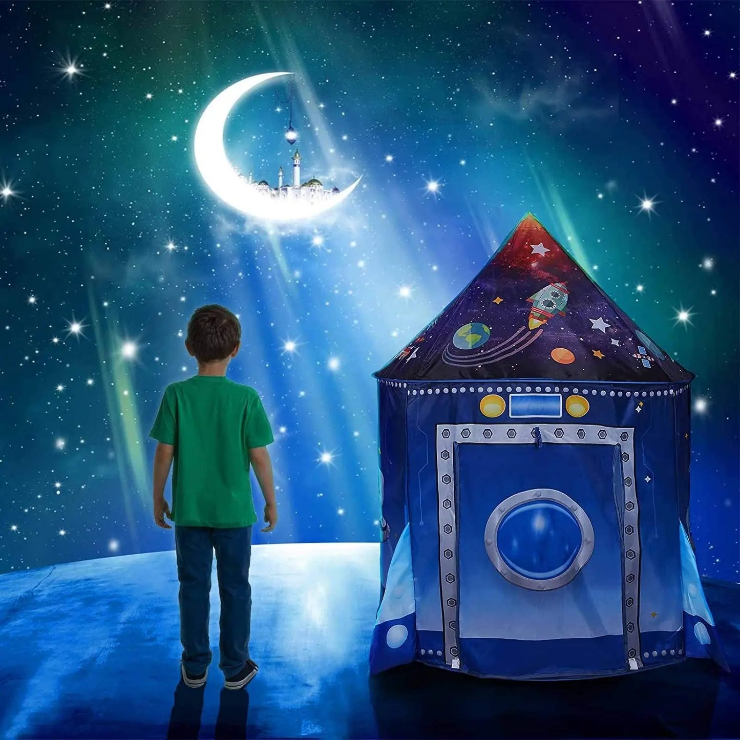 tente enfant bleu PlayTent fusée spatiale ciel etoile