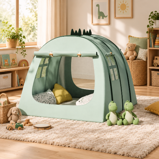 Tente enfant dinosaure playhouse dans une salle de jeu chaleureuse