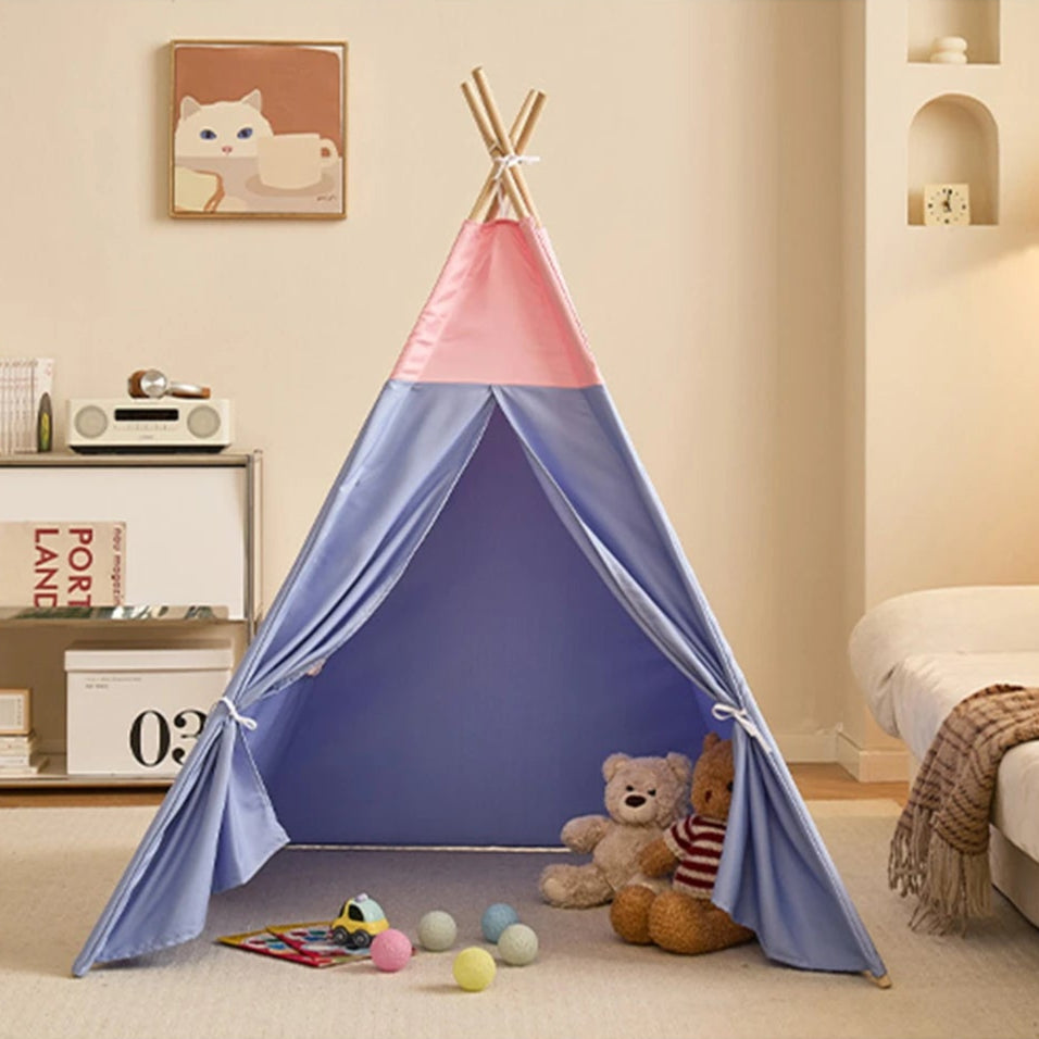 tipi enfant garcon MueTeepee bleu et rose au salon