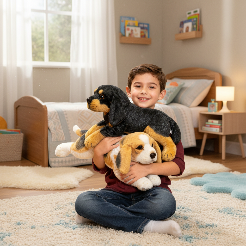Peluche chiot réaliste noir doudou chien tout doux pour enfant PuppyDoll dans chambre enfant cosy