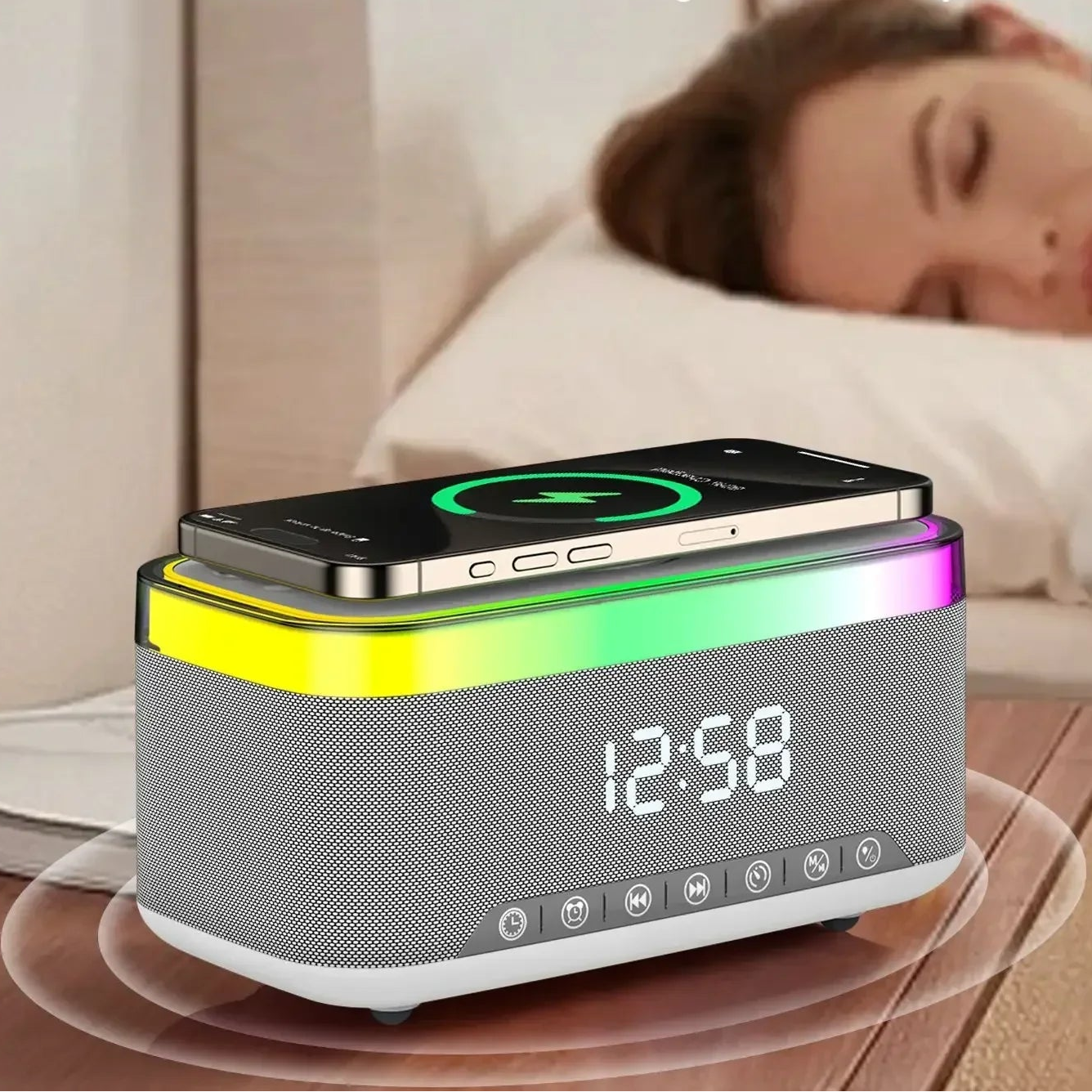 radio réveil bluetooth veilleuse enfant 6-en-1 – enceinte blutooth, chargeur sans fil & affichage led