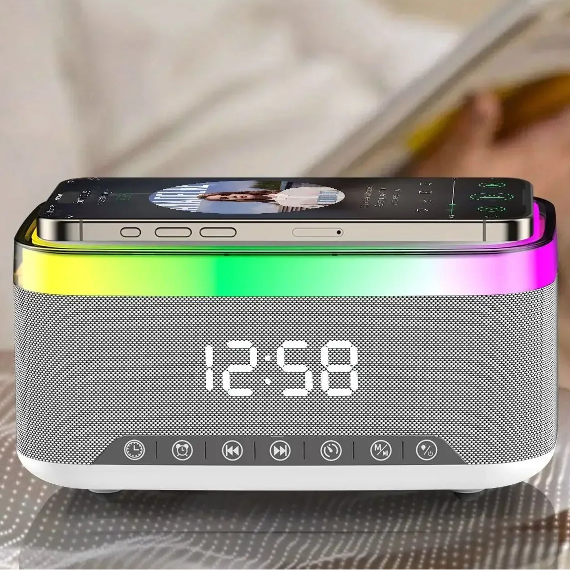 radio réveil bluetooth veilleuse enfant 6-en-1 – enceinte blutooth, chargeur sans fil & affichage led