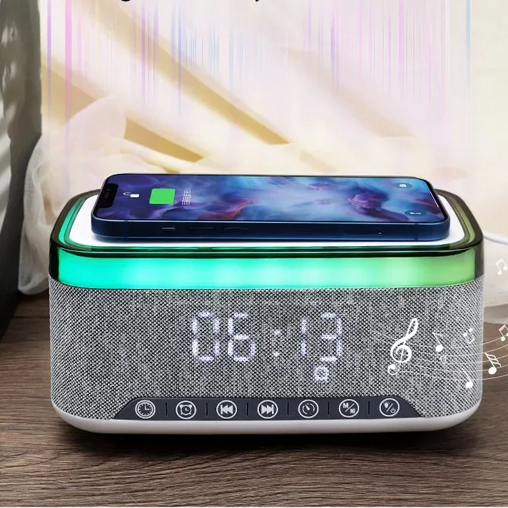 radio réveil bluetooth veilleuse enfant 6-en-1 – enceinte blutooth, chargeur sans fil & affichage led