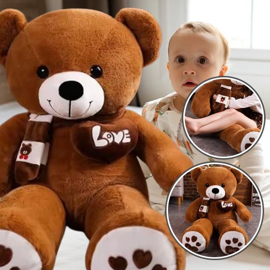 bebe avec doudou ours en peluche geant 80 cm muebiodoux marron