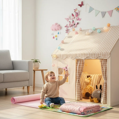 cabane enfant d'interieure beige cabanepliante dans salon avec accessoires