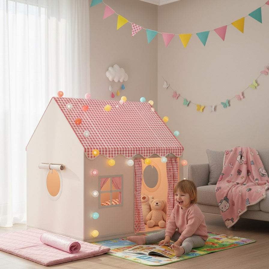 cabane enfant d'interieure rose cabanepliante dans salon avec accessoires