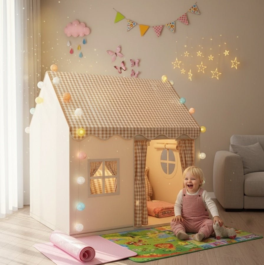 cabane enfant - tente enfant beige avec guirlandes et décorations | CabanePliante™ - Mon Univers Enfant