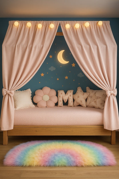 ciel de lit cabane garcon rose muecabane avec tapis arc en ciel avec tapis