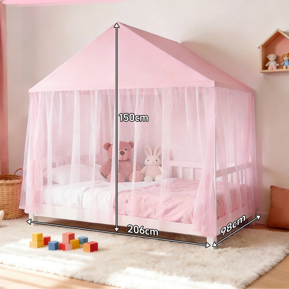 ciel de lit moustiquaire princesse rose – baldaquin maison pour lit cabane enfant  BaldaNet dimensions