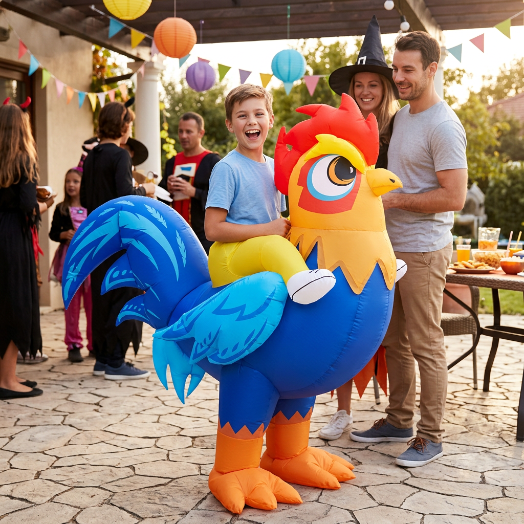 Costume de coq porté par un enfant sur une terrasse