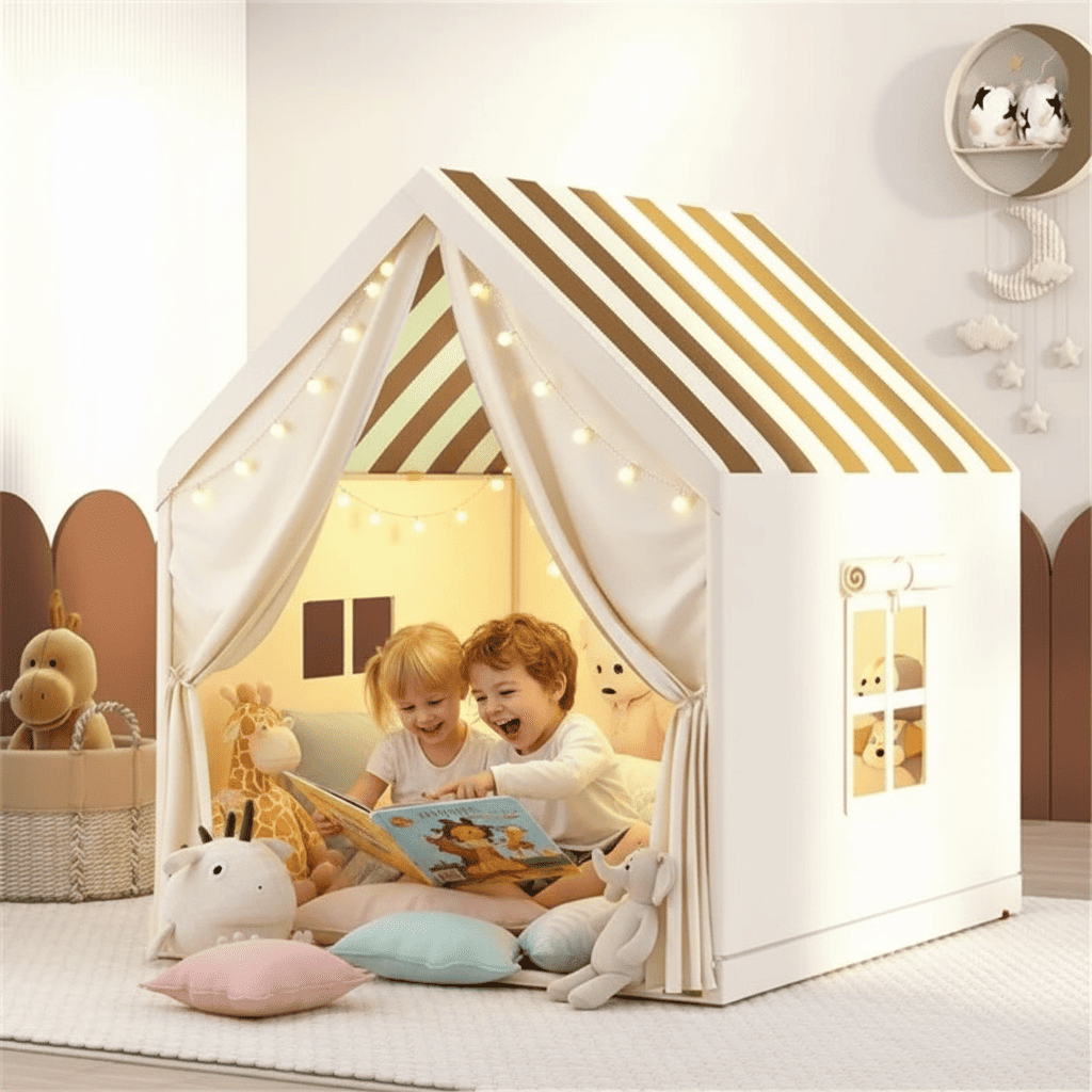 tente cabane enfant rose avec tapis et décorations | MagicNest™ - Mon Univers Enfant