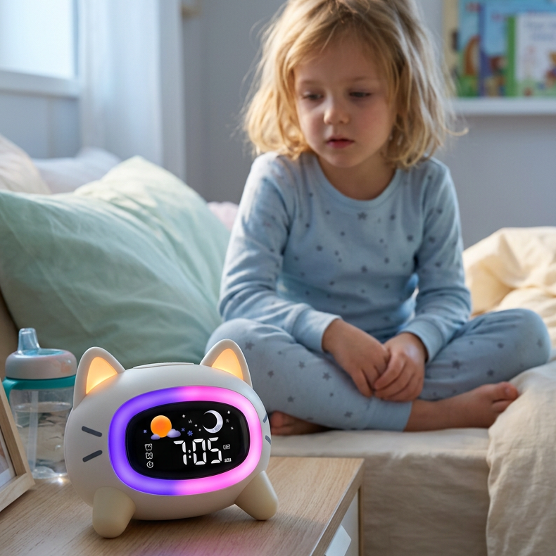 Enfant au réveil avec le réveil chat