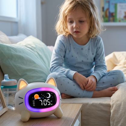 Enfant au réveil avec le réveil chat