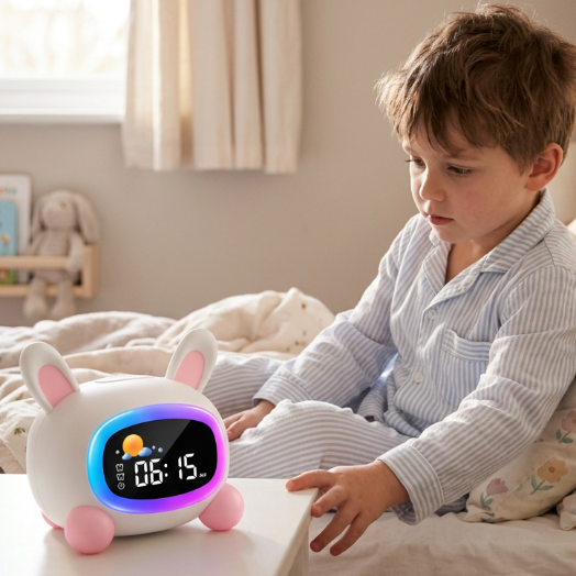 Enfant au réveil avec le réveil lapin sur sa table de chevet