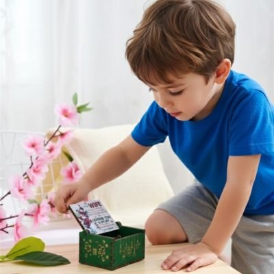 enfant avec boite a musique mélodieuse vert en bois