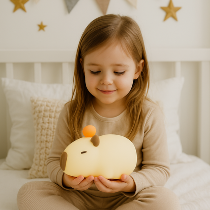 enfant avec capybara veilleuse enfant capylight sur pattes