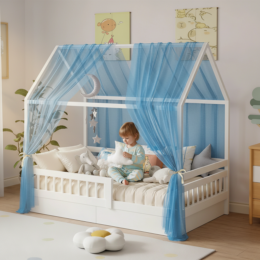 Enfant avec ciel de lit cabane bleu AuventCare 