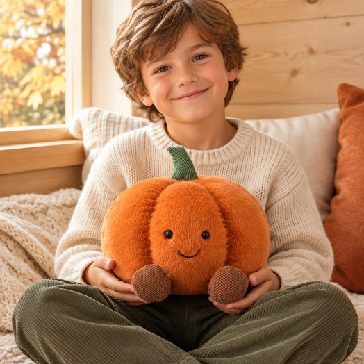 Enfant avec la peluche citrouille dans un coin lecture