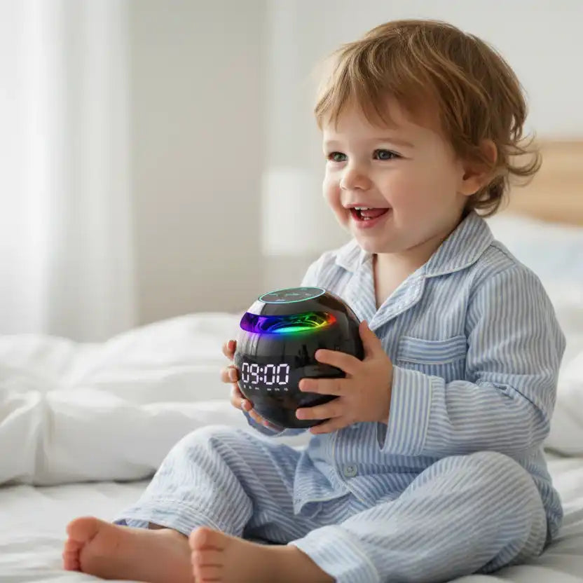Enfant avec le réveil musibright au lit