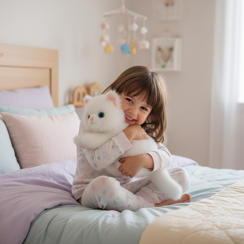 Enfant avec peluche chat realiste blanc catdoll