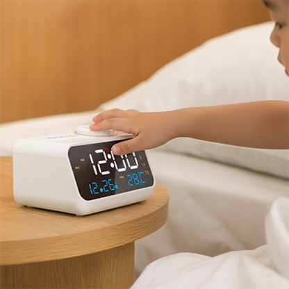 Enfant avec radio réveil muealarme blanc douceur du son