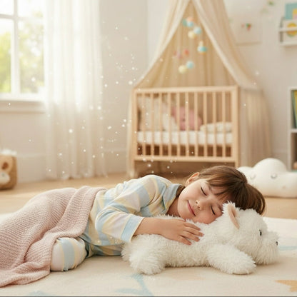 enfant avec sa peluche chien réaliste muecalinou