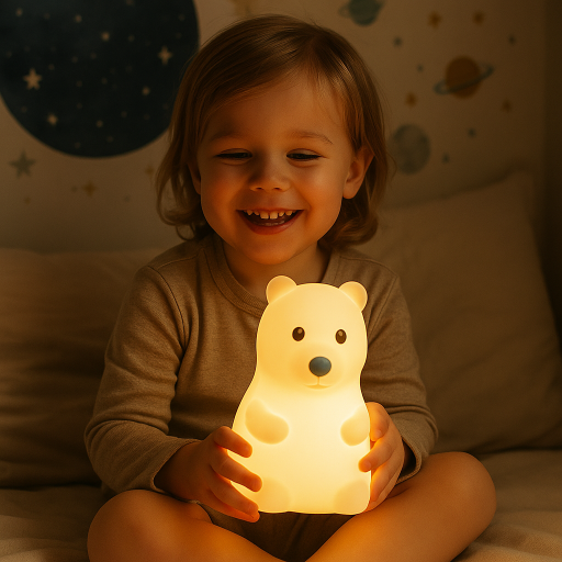 enfant avec sa veilleuse enfant ours