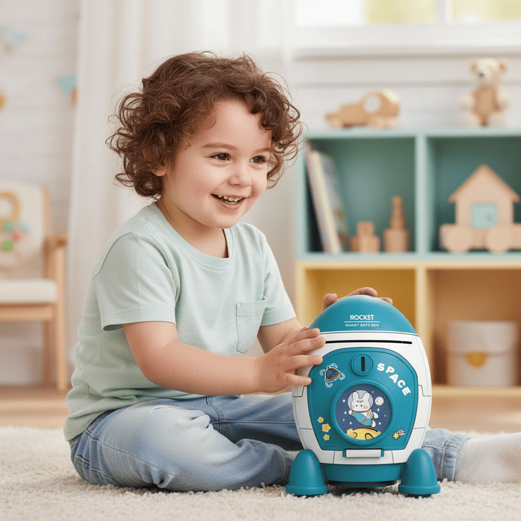 enfant avec tirelire enfant fusée spatiale muegalactica bleu