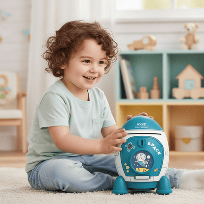 enfant avec tirelire enfant fusée spatiale muegalactica bleu