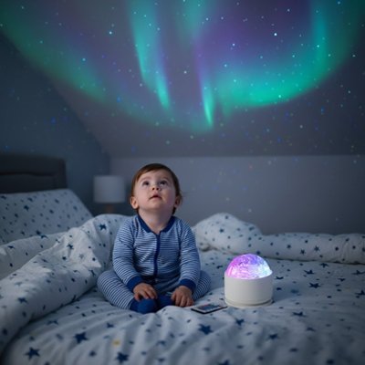 enfant avec veilleuse projection magiclight lumiere arc-en-ciel