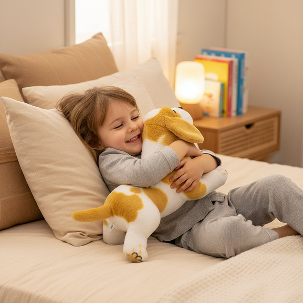 Enfant câlinant la peluche chien PuppyDoll sur un lit 