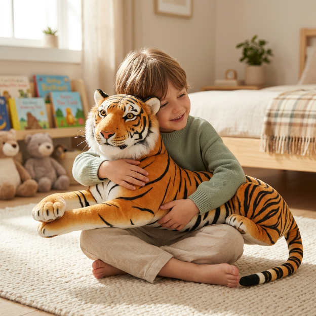 Enfant câlinant la peluche tigre animalin
