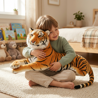 Enfant câlinant la peluche tigre animalin