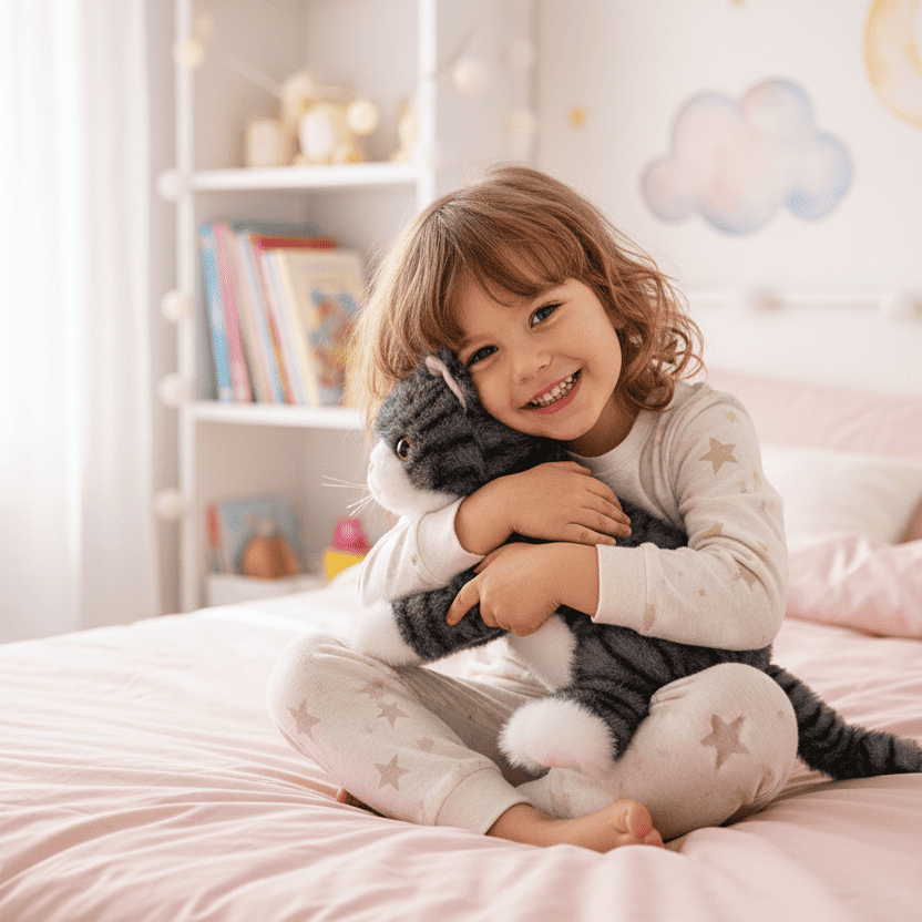 enfant calinant peluche chat realiste gris catdoll