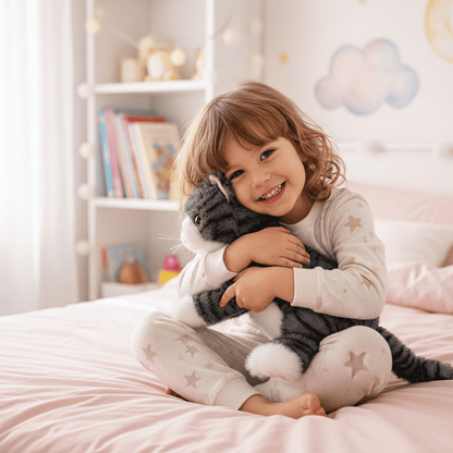enfant calinant peluche chat realiste gris catdoll