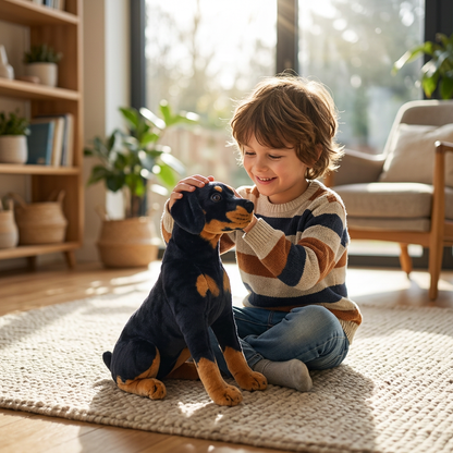 Enfant caressant la peluche rottweiler sur un tapis