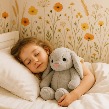 enfant couché avec son lapin en peluche caline nounours