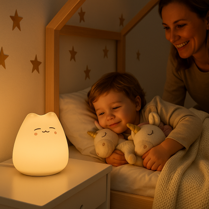 enfant couche en compagnie de sa mignone veilleuse chat tactile